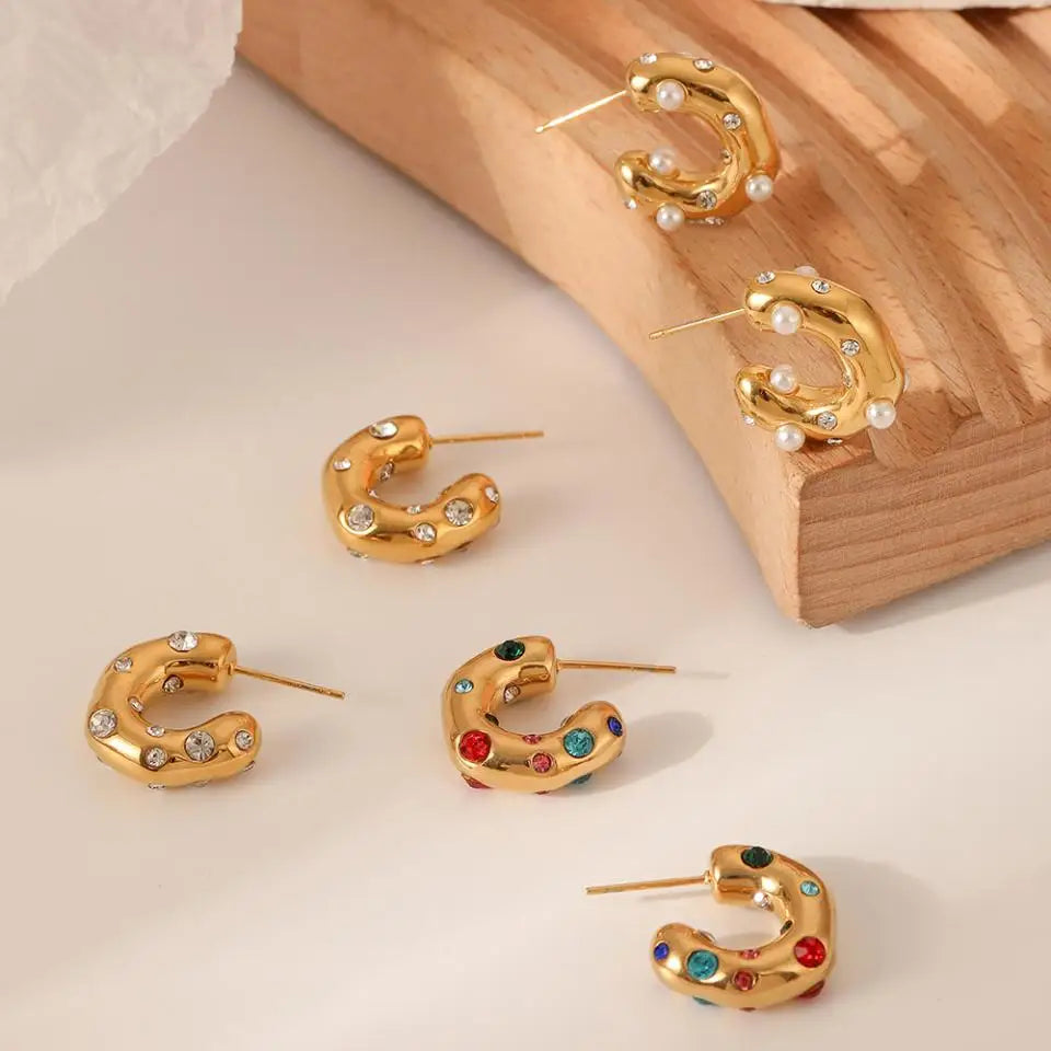 Zircon CC Shape Hoop Earrings 18K Gold Plated