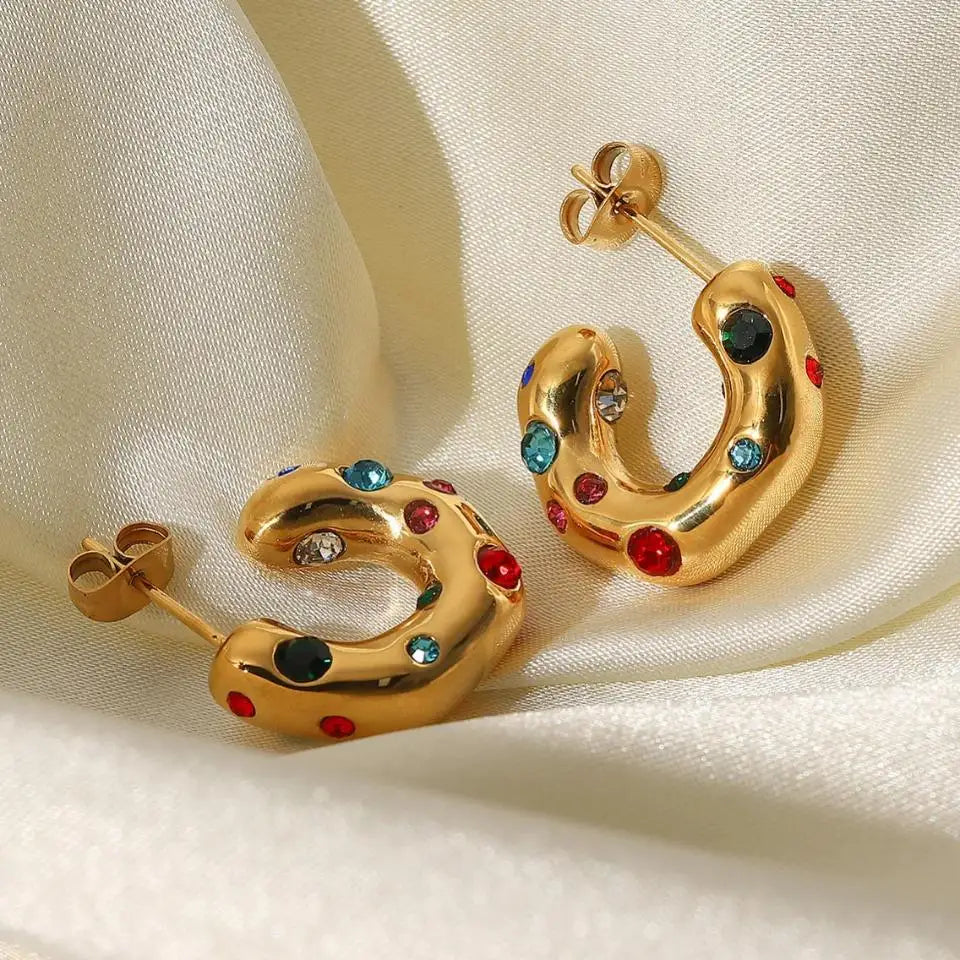 Zircon CC Shape Hoop Earrings 18K Gold Plated