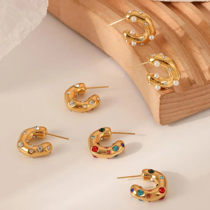 Zircon CC Shape Hoop Earrings 18K Gold Plated