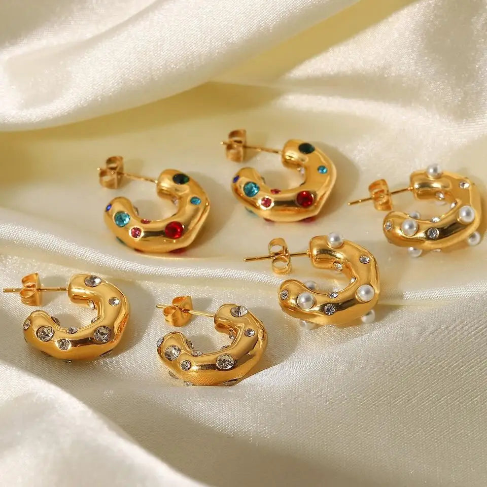 Zircon CC Shape Hoop Earrings 18K Gold Plated