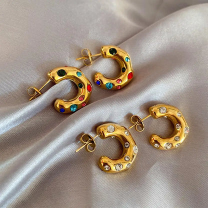 Zircon CC Shape Hoop Earrings 18K Gold Plated